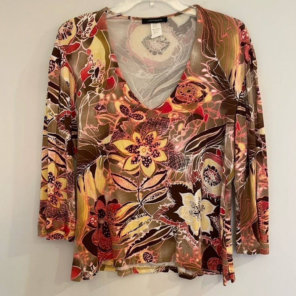 Jonden Y2K V-Neck Abstract Floral Print Super Soft Knit Top 3/4 Sleeves Women XL